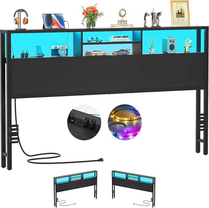 Aheaplus Headboard for King Size Bed with Storage, Headboards with Outlets, USB Ports and LED Light, King Size Head Board Only, Height Adjustable, Reversible, Sturdy and Stable Headboard, Black