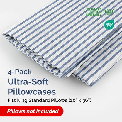 King Standard Pillow Cases Set of 4 - Soft Hotel Quality Pillowcase Covers - Comfy Bedding for Women, Men, Kids & Teens - Machine Washable Pillow Protectors - 4 Piece Set - King Standard Blue Stripes