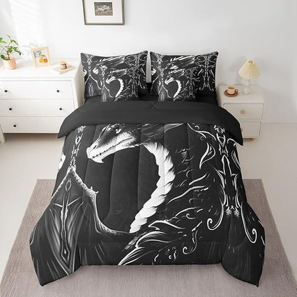 Erosebridal 3D Dragon 7 Piece Comforter Set Full Bed in a Bag,Vintage Gothic White Black Dragon Bedding Sets Antique Wildlife Mythical Animal Sheet Set with Comforter
