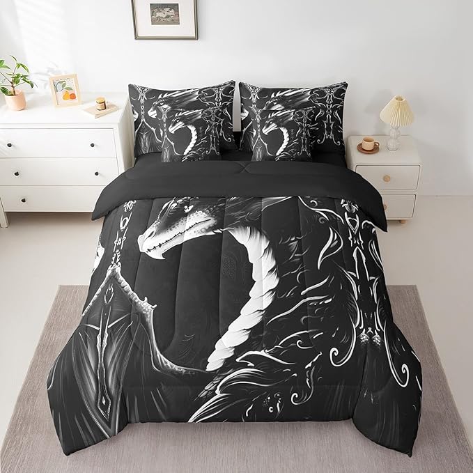 Erosebridal 3D Dragon Comforter Set 7 Piece Bed in a Bag Twin,Vintage Gothic White Black Dragon Bedding Sets Antique Wildlife Mythical Animal Sheet Set with Comforter