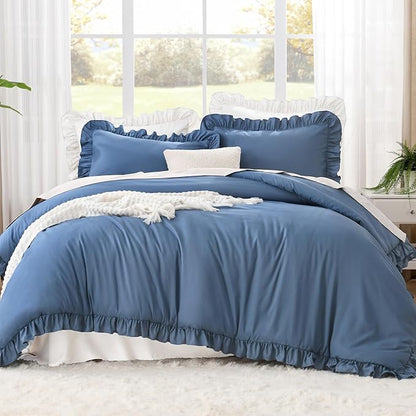 Litanika Ocean Blue Queen Comforter Set, 3 Pieces Ruffle Farmhouse Aesthetic Bedding Comforter Set, All Season Soft Lightweight Fluffy Microfiber Bed Set(90x90In Comforter, 2 Pillowcases)