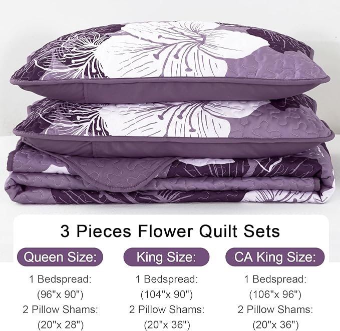 DJY 3 Pieces Quilt Set King Dark Purple Floral Pattern Quilt Coverlet Set Elegant Boho Bedspread with 2 Pillow Cases Soft Microfiber Botanical Bedding Quilt Set for Teens Adults 104"x 90"