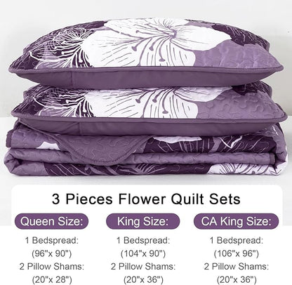 DJY 3 Pieces Quilt Set King Dark Purple Floral Pattern Quilt Coverlet Set Elegant Boho Bedspread with 2 Pillow Cases Soft Microfiber Botanical Bedding Quilt Set for Teens Adults 104"x 90"