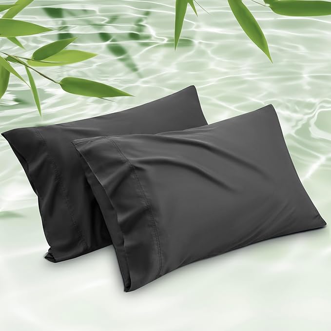 Bedsure Pillow Cases Standard Size, Cooling Pillow Cases, Rayon Derived from Bamboo Black Pillowcases Standard Set of 2, PureWoven Silky Soft Bedding Pillow Covers with Envelope Closure, 20x26 Inches