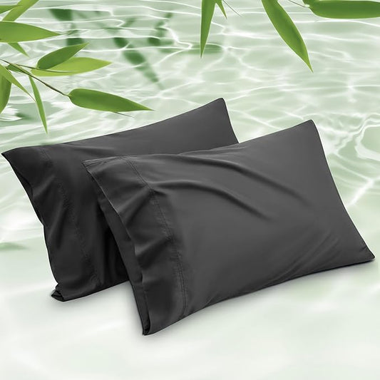 Bedsure Pillow Cases Standard Size, Cooling Pillow Cases, Rayon Derived from Bamboo Black Pillowcases Standard Set of 2, PureWoven Silky Soft Bedding Pillow Covers with Envelope Closure, 20x26 Inches