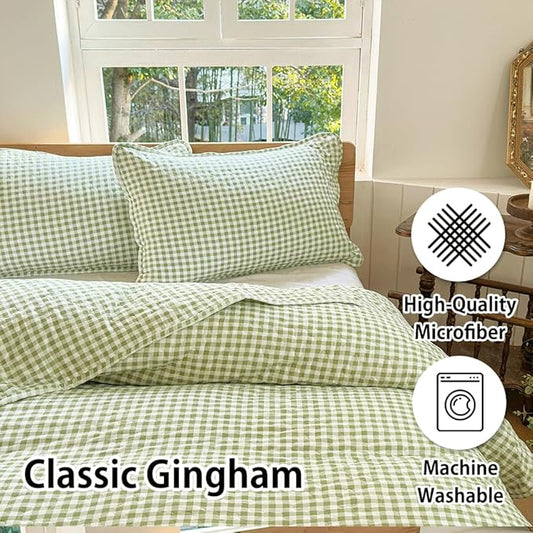 Sage Green Gingham Queen Quilt Set, Soft Pre-washed Microfiber Green Plaid Queen Bedspread, Lightweight Checked Summer Quilt, Grid Bedding Coverlets for All Seasons (Includes 1 Quilt, 2 Pillow Shams)