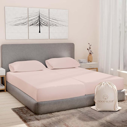 Good Sleep Bedding Split King Sheets Sets for Adjustable Bed Cotton, Luxury Sheets, Egyptian Cotton Sheets, 5 Piece 100% Cotton Split King Sheet Set, Sateen Weave, 2 Fitted - 16" Deep Pocket, Blush