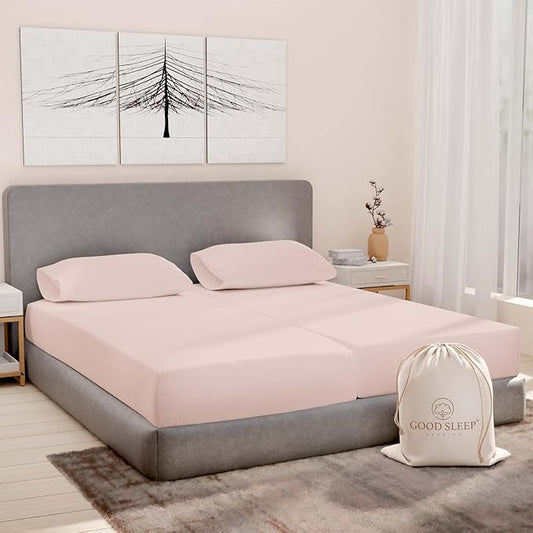 Good Sleep Bedding Split King Sheets Sets for Adjustable Bed Cotton, Luxury Sheets, Egyptian Cotton Sheets, 5 Piece 100% Cotton Split King Sheet Set, Sateen Weave, 2 Fitted - 16" Deep Pocket, Blush