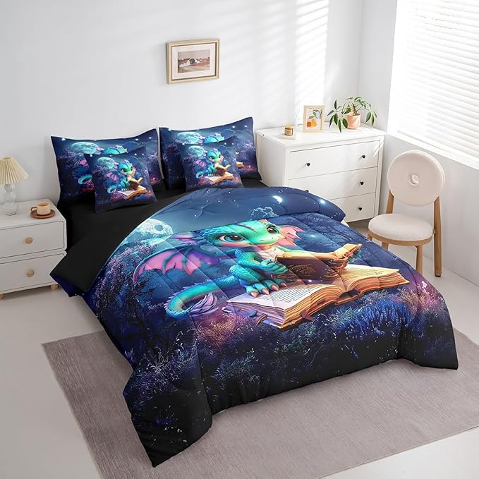Castle Fairy Cartoon Dragon Bedding Set,Mysterious Jungle Moon Night Full Comforter Set with Sheets for Kids Boys Girls Teens Room Decor,Western Animal Bed in a Bag 7 Piece for Bedroom Living Room