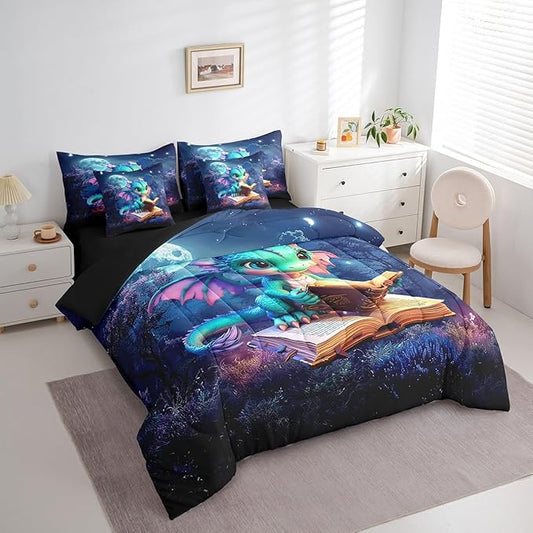 Castle Fairy Cartoon Dragon Bedding Set,Mysterious Jungle Moon Night Full Comforter Set with Sheets for Kids Boys Girls Teens Room Decor,Western Animal Bed in a Bag 7 Piece for Bedroom Living Room