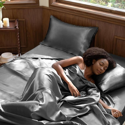CozyLux Satin Sheets Full Size Sheets - 6 Piece Silky Full Size Bed Sheets, Luxury Dark Grey Full Bed Set with Smooth and Soft Microfiber, Includes 1 Fitted Sheet, 1 Flat Sheet and 4 Pillowcases