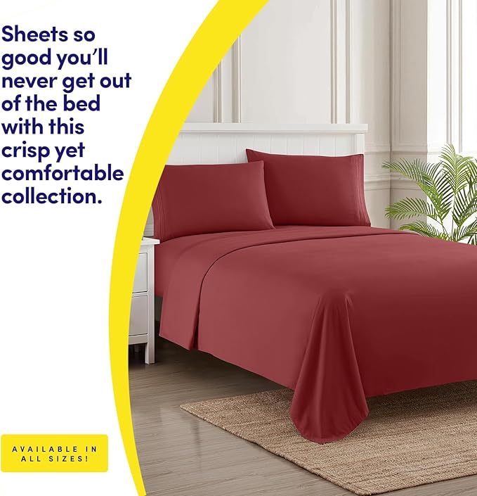 Supreme Collection Twin Sheet Sets - 3 Piece Bed Sheets and Pillowcase Set for Twin Mattress - Burgundy, Extra Soft, Elastic Corner Straps, Deep Pocket