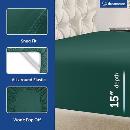 DREAMCARE Queen Size Sheets - Cooling Bed Sheets - 4pcs Set - up to 15" Deep Pocket Queen Sheet Set - Sheets Queen Size Bed - Soft & Long Lasting 100% Fine Microfiber with Side Pocket - Emerald Green