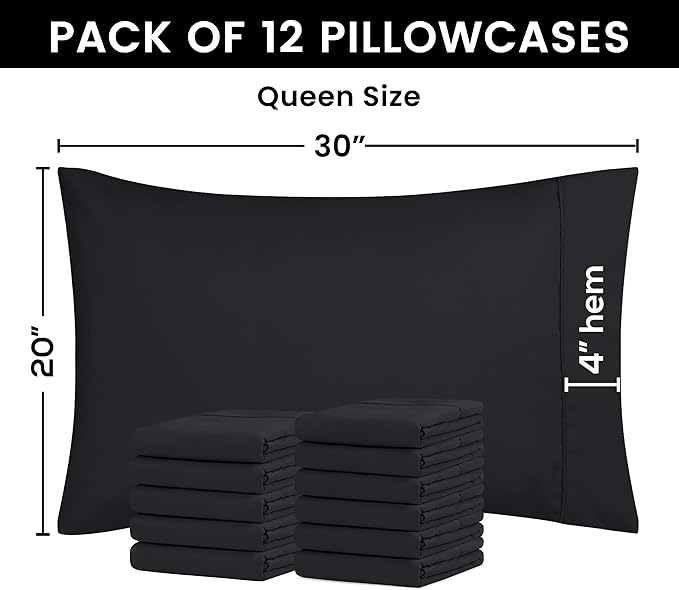 Utopia Bedding Queen Pillow Cases - 12 Pack - Envelope Closure - Soft Brushed Microfiber Fabric - Shrinkage and Fade Resistant Pillow Covers Queen Size 20 X 30 Inches (Queen, Black)