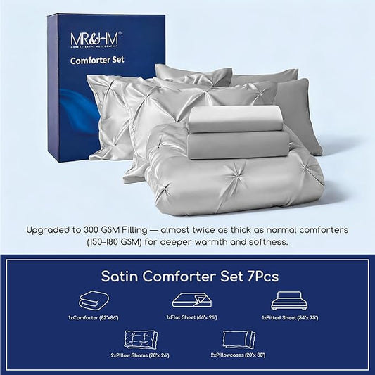 MR&HM Satin Comforter Full 7 Pieces - Luxurious Pinch Pleat Bedding Set with Comforter, Flat Sheet, Fitted Sheet, Pillowcases & Shams, Super Silky Soft Bed Set for All Season (Full, Silver Grey)