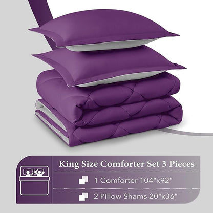 downluxe King Size Comforter Set - Purple and Grey King Comforter, Soft Bedding Sets for All Seasons -3 Pieces - 1 Comforter (104"x92") and 2 Pillow Shams(20"x36")