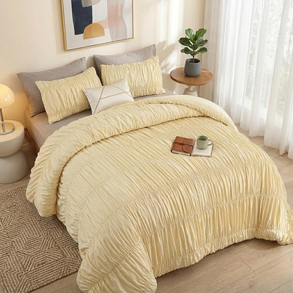 weigelia Cinched Comforter Set King – Soft Girl Ruched Bedding Set, 3PCS Light Yellow All-Season Fluffy Lightweight Comforter with Pillowcases for Bedroom, Apartment & Dorm Decor