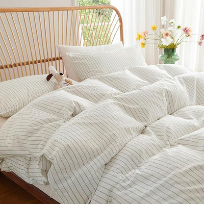 Nayoroom Striped Duvet Cover King Size 100% Washed Cotton White Brown Stripe Duvet Cover 3 Pieces Soft Breathable Girls Dorm Bedding Set for All Seasons, Yarn Dyed Process