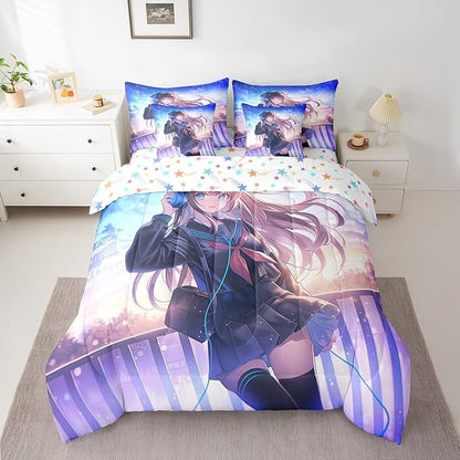 Erosebridal Anime Girl Comforter Set Queen Size 7 Piece, Japanese Anime Bedding Set with Sheet Set for Kids Boys Teens Bedroom Decor, Cartoon Girl Bed in A Bag Kawaii Japanese Animation Decor