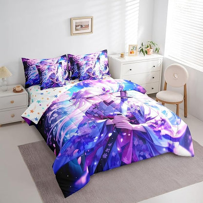 Erosebridal 7 Piece Anime Girl Queen Comforter Sets for Kids, Kawaii Japanese Anime Bedding Set Cartoon Girl Bed in A Bag Sci Fi Style Japanese Animation Sheet Set for Kids Girls Teens Bedroom
