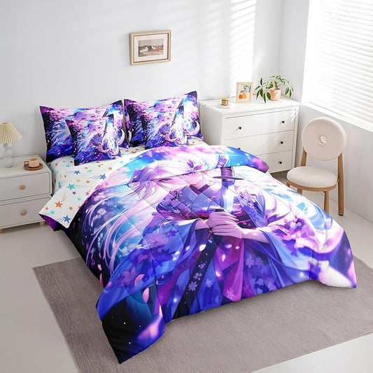 Erosebridal 7 Piece Anime Girl Twin Comforter Sets for Kids, Kawaii Japanese Anime Bedding Set Cartoon Girl Bed in A Bag Sci Fi Style Japanese Animation Sheet Set for Kids Girls Teens Bedroom