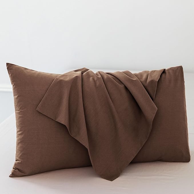 MooMee Bedding Pillowcases Pack of 2 100% Washed Cotton Linen Like Textured Breathable Durable Soft Comfy (Solid Cocoa Brown, King)