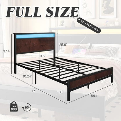 Fluest Full Bed Frame with Headboard & Footboard, Full Bed Frame with Built-in Charging Station & LED Light, Storage Shelf, Noise-Free, No Box Spring Needed, Easy Assembly, Coffee Brown