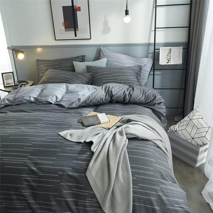 LifeTB 100% Cotton Striped Duvet Cover Set Full Size Geometric Grey Stripes Pattern Printed Bedding Set Modern Style Striped Comforter Cover for Men Boys Teens 1 Full Duvet Cover with 2 Pillowcases