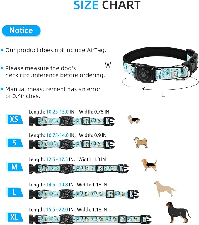 Upgrade Dog Collar with AirTag Holder, IP68 Waterproof, Blue Meadow, XL | Built-in Water Resistant AirTag holder, 1000D Nylon, Reflective Stitching for Night Visibility, Soft padding for Comfort