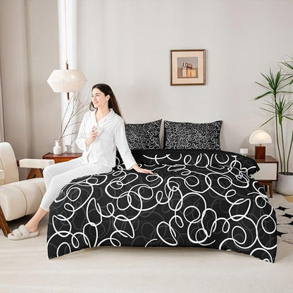 Erosebridal Black White Geometric 7 Piece Comforter Set King Abstract Line Modern Art Bedding Set for Kids Teens Boys Chic Swirls Bed in A Bag Texture Artwork Sheet Set Bedroom Decor