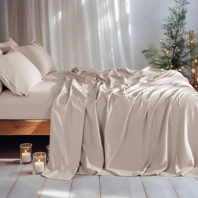 LBRO2M 100% Pure Linen Sheet Set Deep Pocket Up to 16" Bed Sheets Sets, Natural Flax Beddings Soft, Breathable, Comfortable for All Seasons 6 Pcs Sheet Set Cal King Size, Linen