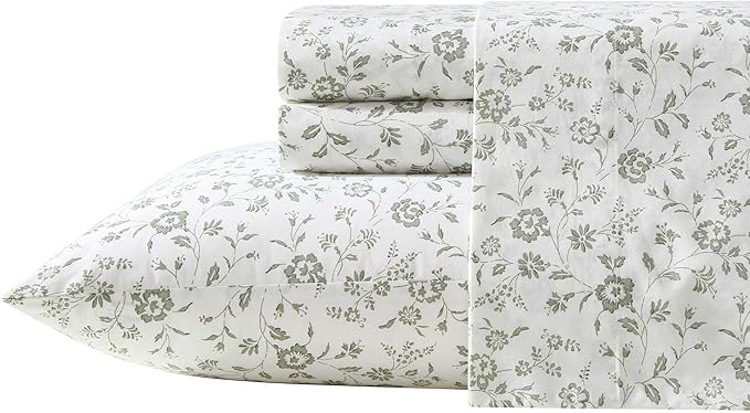 Laura Ashley - Twin Sheet Set, Crisp & Cool Cotton Percale Bedding with Deep Pockets, Lightweight for Year Round Comfort, Bed Sheets with Matching Pillowcases (Miranda Green)