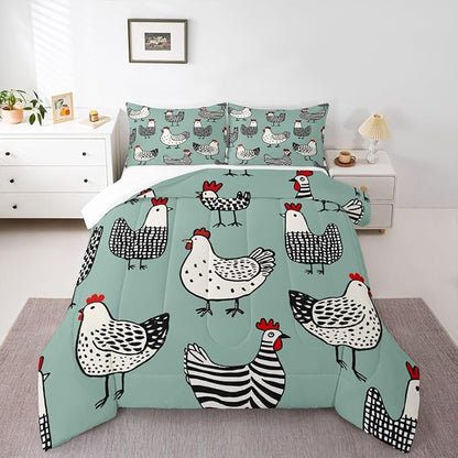 Erosebridal Chicken Comforter, Cartoon Chick Bedding Set, Cute Farmhouse Animal Down Comforter Twin Size, Teal Black Quilted Duvet Lightweight Bedroom Decor for Kids Boys Girls, 1 Pillow Case
