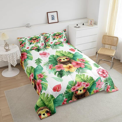 Erosebridal Cartoon Sloth Comforter Set Kawaii Sloth Bedding Palm Leaf Cherry Blossom Monstera Quilt Hawaiian Tropical Leaf Animal Duvet Insert for Kids Boys Girls, 3Pcs Full Size