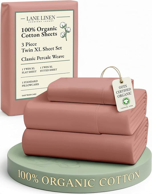 LANE LINEN 100% Organic Cotton Twin XL Sheets Set, 3-Piece Pure Organic Cotton Percale Sheets, Cotton Bedsheets, Ultra Soft Bedding Sheets, Breathable, Fits Mattress Upto 15" Deep - Rose Dawn