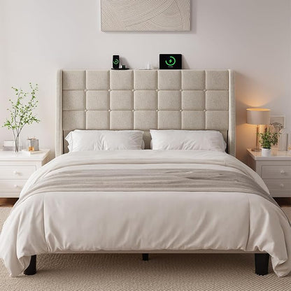 Ergonomic Upholstered Headboard Queen Size w/Charging Station, Linen Wingback Headboards w/Storage Pocket, Queen Headboard Only, Bed Frame Adapters, Sturdy Stable Solid Wood Bed Head Board, Beige