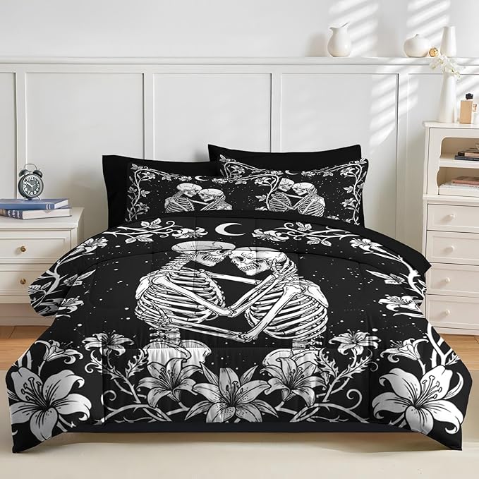Nesker Comforter Set Full Size, Gothic Kissing Skeleton Lover 7 Pcs Bedding for Kids and Adults, Rose Black Lovers Black Bed Sheet Sets with Fitted Sheet 2 Pillowcases & 2 Shams