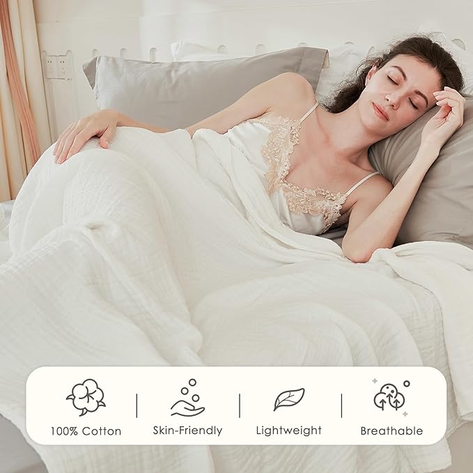 EMME Cotton Muslin Queen Blanket Bed Layering Bedspread Coverlet Breathable Gauze Soft Lightweight Adults (White,90"x90")