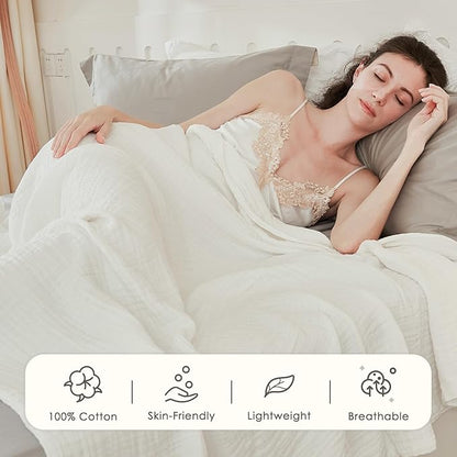 EMME Cotton Muslin King Blanket Big Oversized Bed Layering Bedspread Coverlet Breathable Gauze Soft Lightweight Blankets (White, 120"x94")