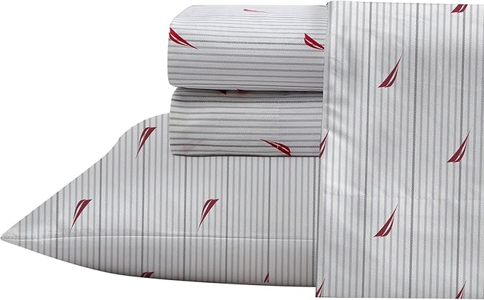 Nautica- Queen Size Sheet Set, Crisp & Tailored Cooling Sheets with a Smooth Cotton Percale Lightweight Feel - Bed Sheets with Matching Pillowcases & Fitted Sheet (Audley Stripe Red)