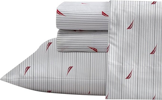 Nautica- Queen Size Sheet Set, Crisp & Tailored Cooling Sheets with a Smooth Cotton Percale Lightweight Feel - Bed Sheets with Matching Pillowcases & Fitted Sheet (Audley Stripe Red)