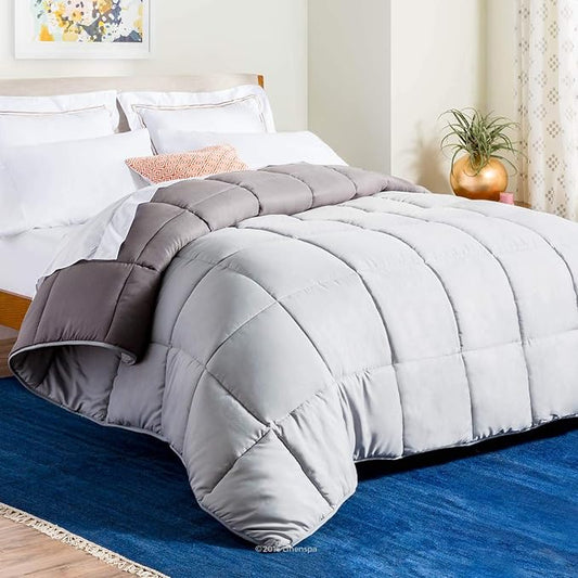 Linenspa Reversible Down Alternative Comforter and Duvet Insert, for Twin Size Bed – All-Season Comforter with Box Stitch and 8 Duvet Loops – Bedding for Kids, Teens, and Adults – Stone / Charcoal