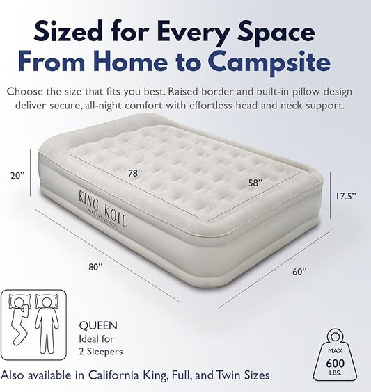 King Koil Luxury Built-in Pillow Top Queen Air Mattress with Built-in High-Speed Pump Best for Home, Camping, Guests, 20" Queen Size Double High Airbed, Blow Up Mattress, Waterproof, 1-Year Warranty
