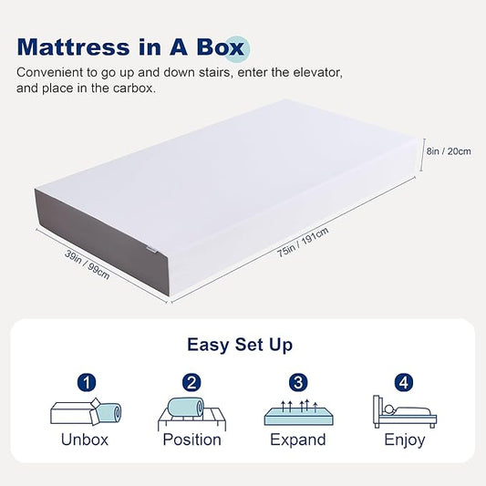 Amazon Basics Medium Firm Memory Foam Mattress, Breathable, 8 Inch, Twin, White/Grey