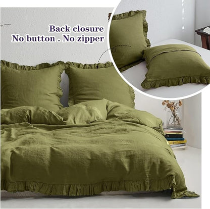 Simple&Opulence 100% Linen Euro Sham Covers with Ruffle, 26x26 Inch Pillow Covers Set of 2, Euro Pillow Shams for Bed Couch French Home Decor Luxury and Breathable Square Pillow Cases, Olive Green