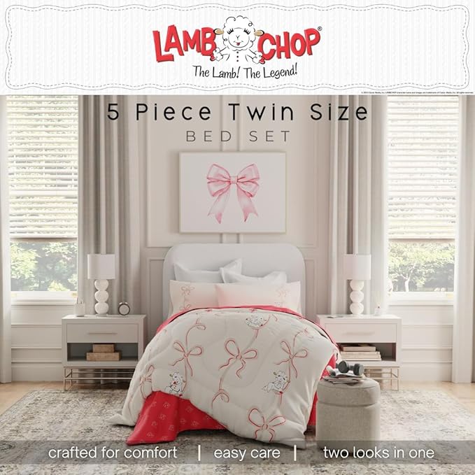 Lamb Chop Bedding Set, Twin Size 5-Piece Super Soft Fluffy Reversible Comforter & Sheet Set with Sham, (100% Officially Licensed Product) by Franco Collectibles