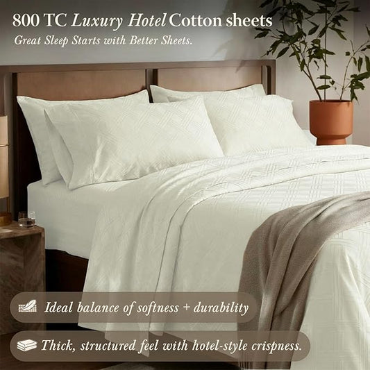 Threadmill Luxury 100% Cotton Queen Bed-Sheets - 800 Thread Count Jacquard Celine Ivory, Better Than Egyptian Cotton,4 Pc Striped Bed Set, Damask Sheets with Elasticized Deep Pocket