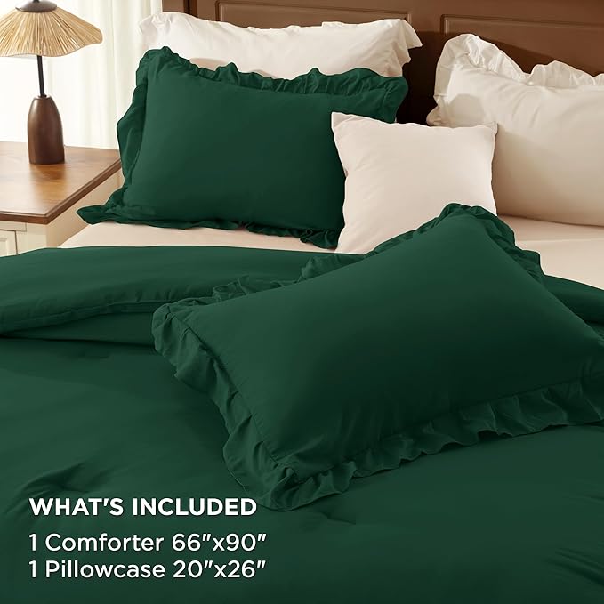 Andency Dark Green Twin Size Comforter Set(66x90Inch), 2 Pieces(1 Ruffle Comforter and 1 Pillowcase) Lightweight Fluffy Bedding Comforter Sets for Kids, All Season Soft Polyester Bedding Set