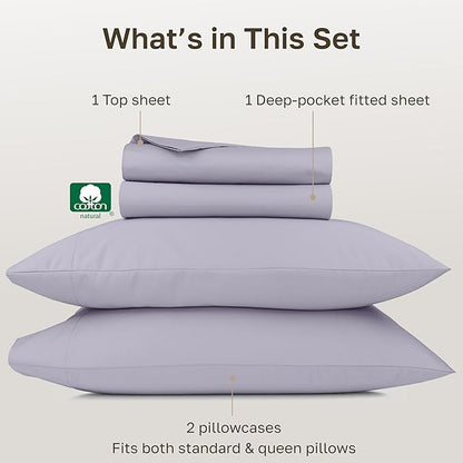 California Design Den Luxury Queen Sheet Set - 1000 Thread Count Sateen, Thick and Natural 100% Cotton Sheets Queen Size, Deep Pockets, Durable Bedding - Lavender Grey