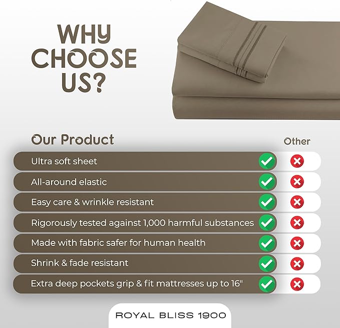 Split King Sheets Set with 2 Twin XL Fitted Sheet - 5 Piece Bedding - Wrinkle Free, Fade Resistant, Double Brushed Microfiber - Deep Pockets/Easy Fit (Taupe)